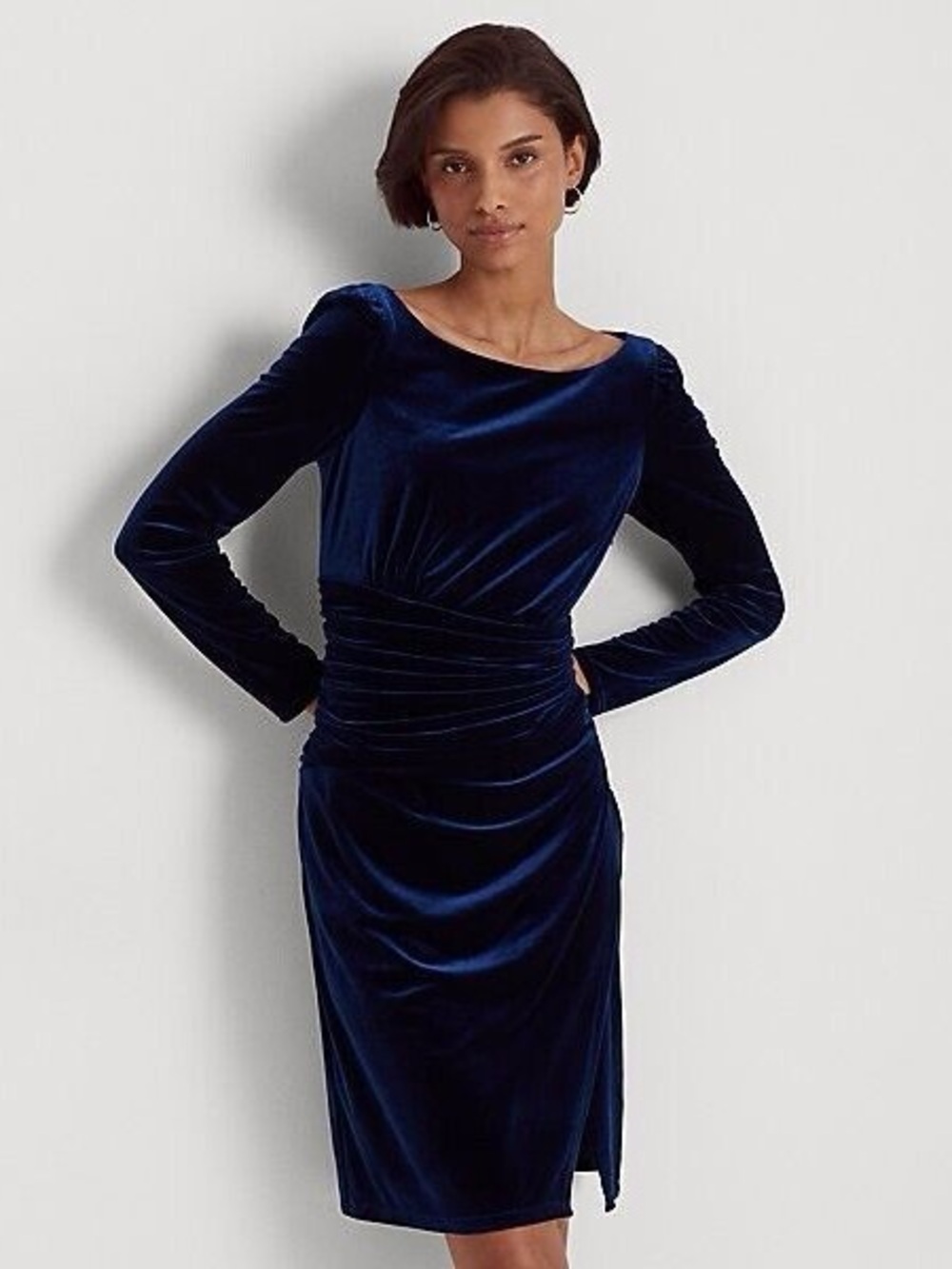 NWT LRL Navy Velvet Long-Sleeve Ruched Evening Sheath Dress (10) - Picture 3 of 16